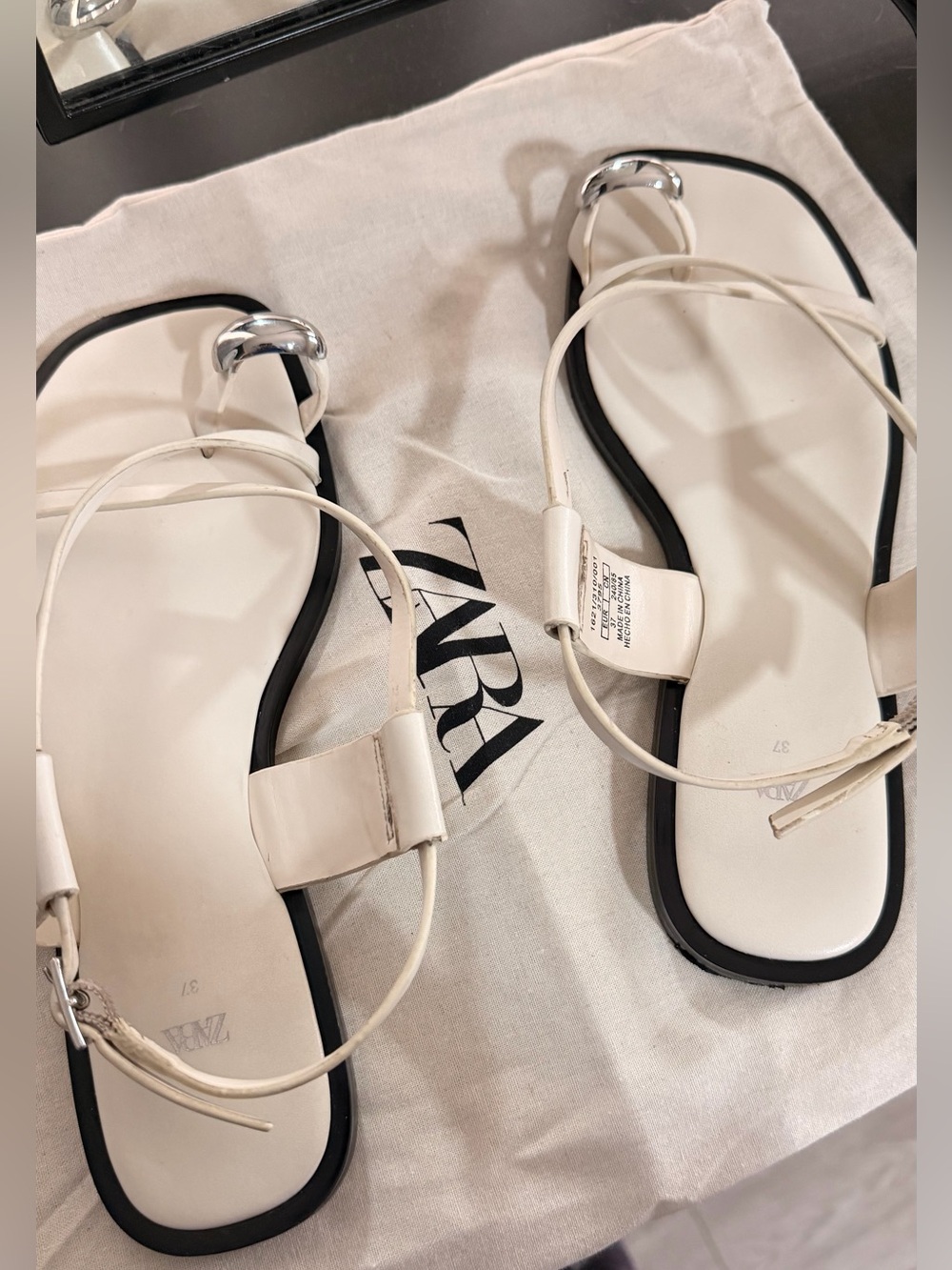 ZARA Cream Square-Toe Ankle-Strap Sandals with Silver Ring